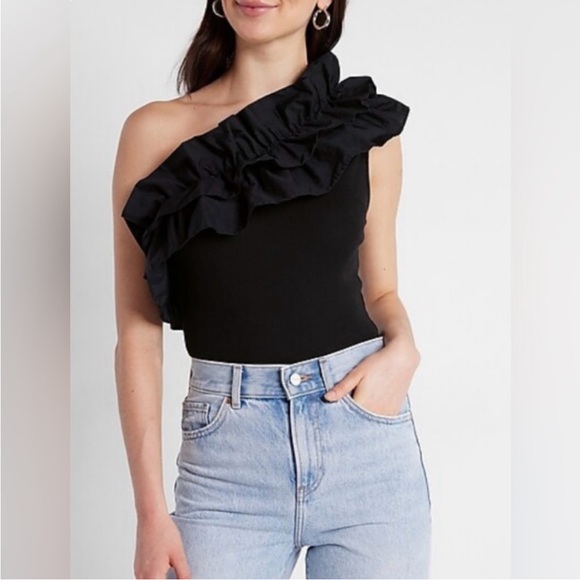 Express Tops - NEW Black Bodysuit NWT Express Ruffle Ribbed One Shoulder Poplin Thong T…